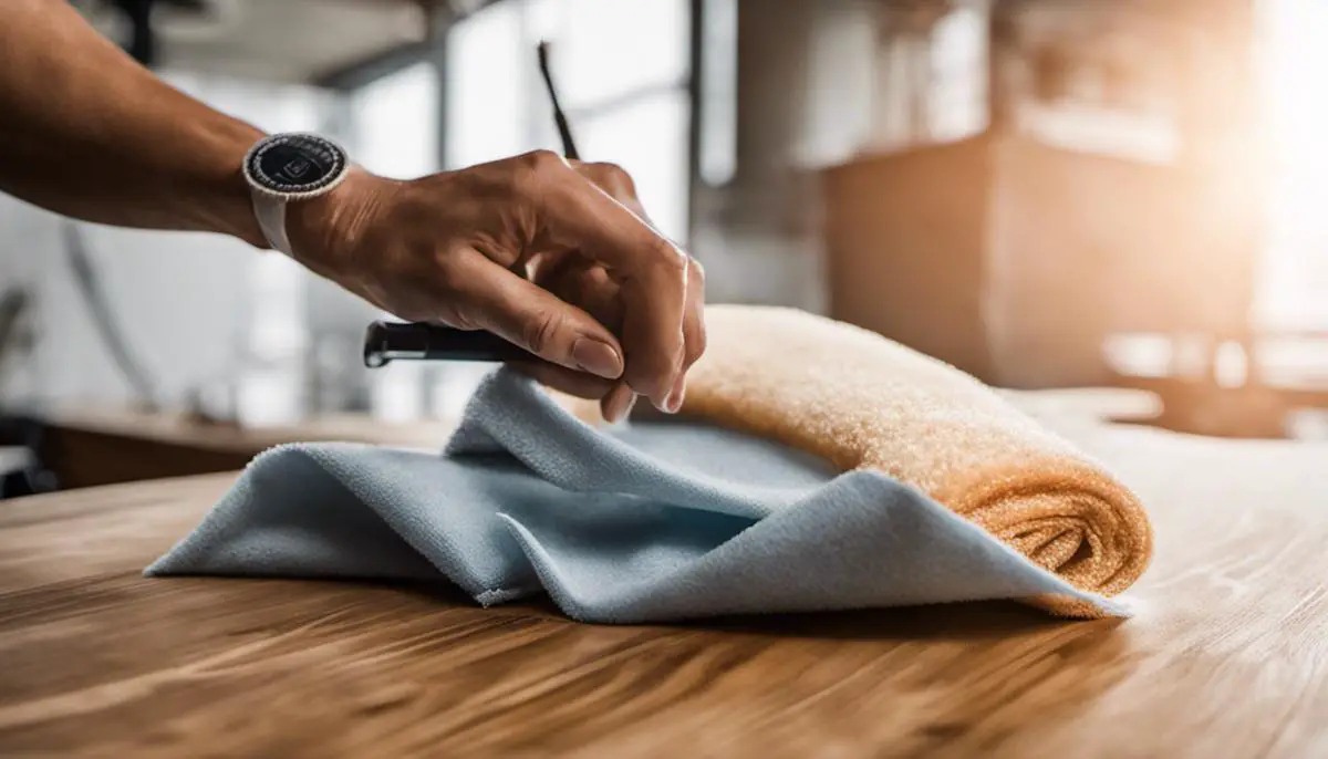 A person applying wipe-on poly on a wooden surface with a lint-free cloth and foam brush in a well-lit workspace.