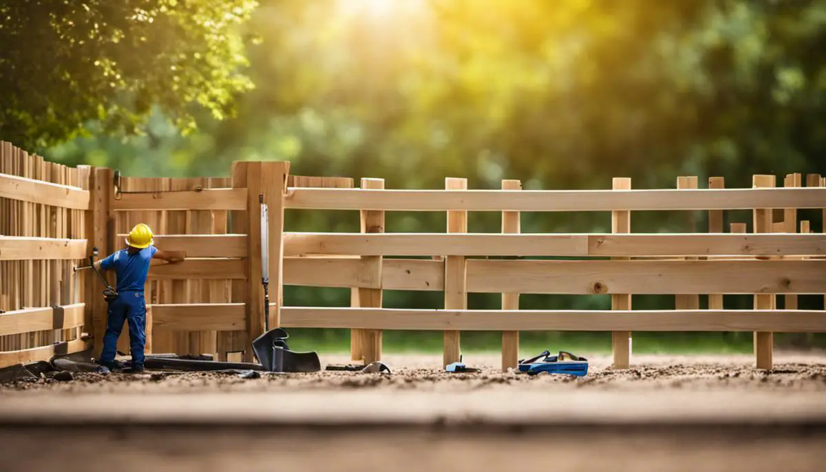 A wooden fence under construction with workers and tools.