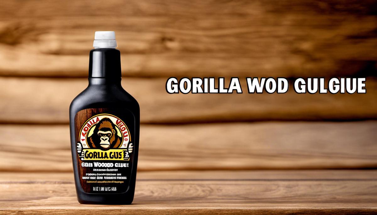 A bottle of Gorilla Wood Glue with Gorilla logo and text 'Gorilla Wood Glue' on a wooden surface.