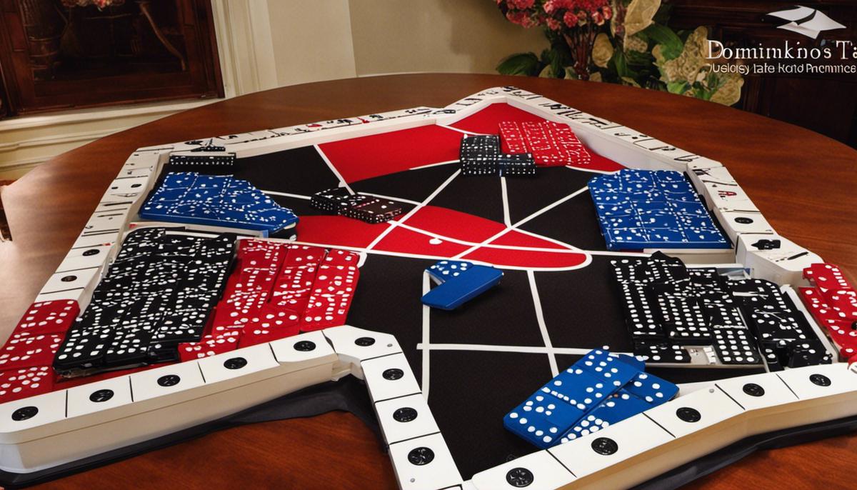 Various portable domino table tops on display, showcasing different designs and colors.