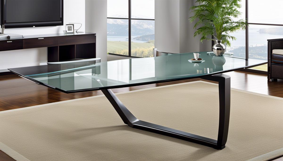 Different types, shapes, and sizes of glass table tops displayed on various tables.