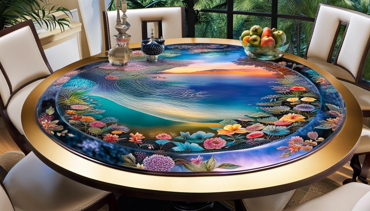 Decorated glass tabletop with various images, patterns, and colors.