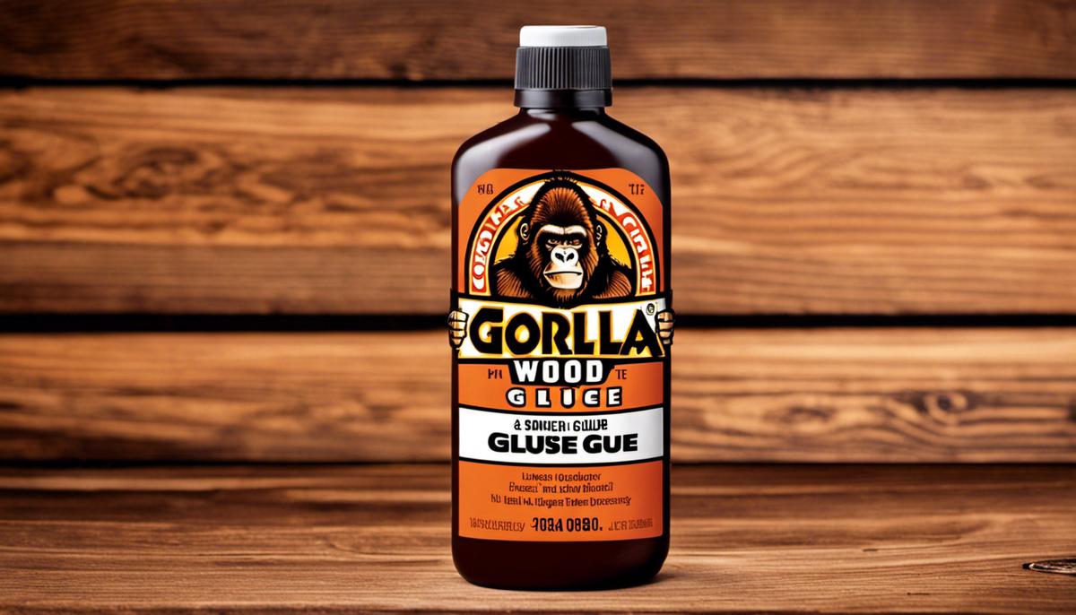 A bottle of Gorilla Wood Glue with the Gorilla Glue logo and a wooden surface in the background