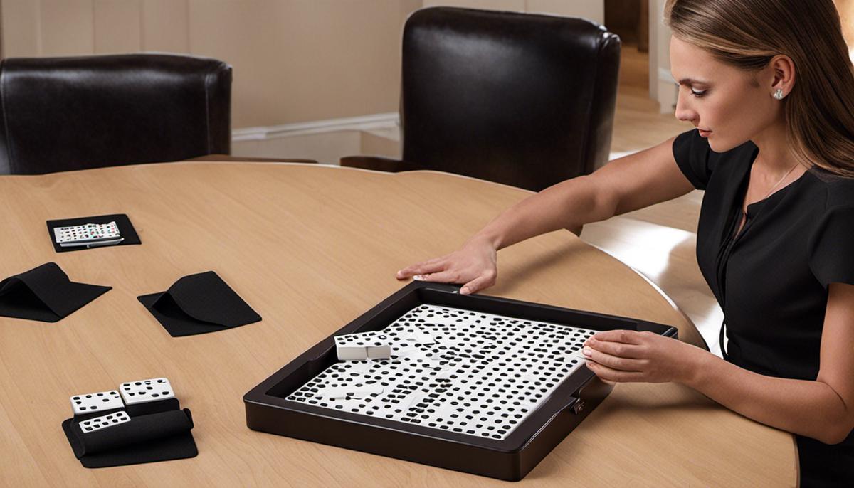 A portable domino table top with built-in cup holders, domino trays, and a smooth surface for easy movement of domino pieces.